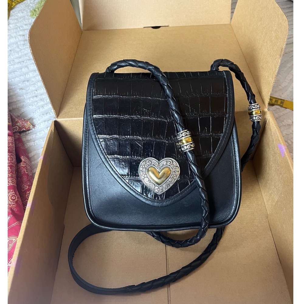 Vtg Brighton Braided Heart Saddle  Bag croc embossed Box and Dustbag 1990s